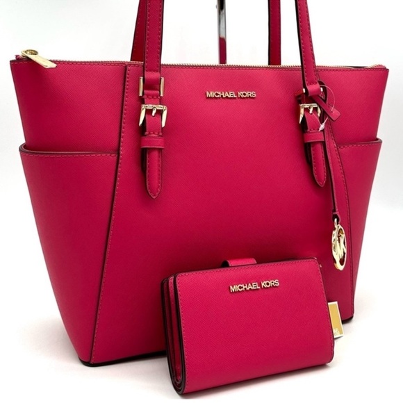 Michael Kors Large Charlotte Tote Bag & MD Bifold Zip Chain Wallet Electric Pink - Picture 4 of 16